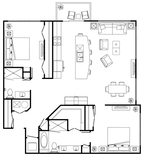 Floor plan for 2 beds, 2 baths, 1431 sqft