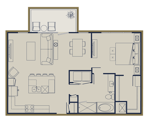 Floor plan for 1 bed, 1 bath, 891 sqft