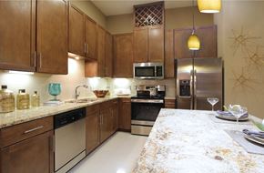 Houston apartment for rent - Luxury apartments with spacious kitchen and built-in wine rack, granite countertops, kitchen island, stainless steel appliances, and designer tile backsplash at Tuscany Walk Apartments in Houston Texas.