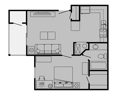 Floor plan for 1 bed, 1 bath, 541 sqft