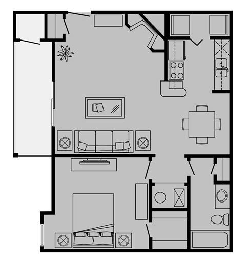 Floor plan for 1 bed, 1 bath, 725 sqft