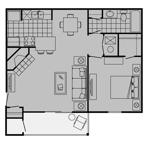 Floor plan for 1 bed, 1 bath, 732 sqft