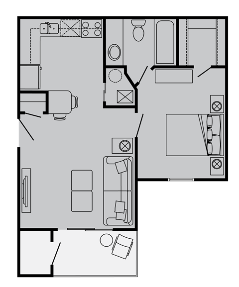 Floor plan for 1 bed, 1 bath, 506 sqft
