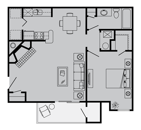 Floor plan for 1 bed, 1 bath, 683 sqft