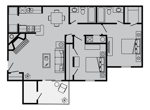 Floor plan for 2 beds, 2 baths, 961 sqft