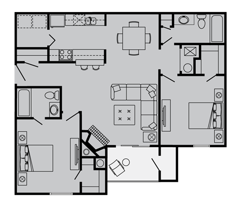 Floor plan for 2 beds, 2 baths, 977 sqft