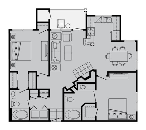 Floor plan for 2 beds, 2 baths, 1040 sqft