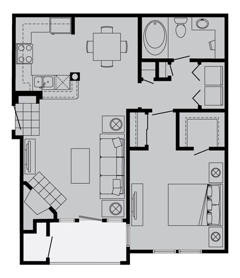 Floor plan for 1 bed, 1 bath, 702 sqft