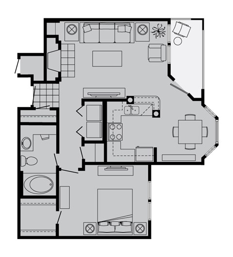 Floor plan for 1 bed, 1 bath, 696 sqft