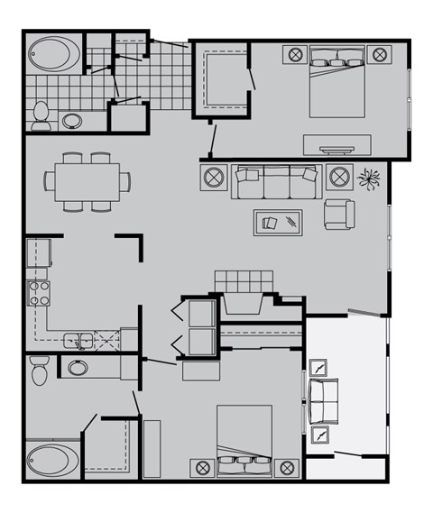 Floor plan for 2 beds, 2 baths, 1254 sqft