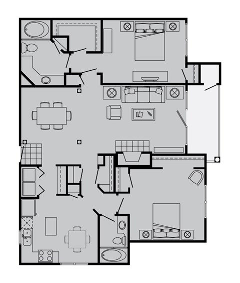 Floor plan for 2 beds, 2 baths, 1323 sqft