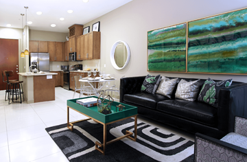 Bloomington apartment for rent - a living room with a black couch and a green coffee table