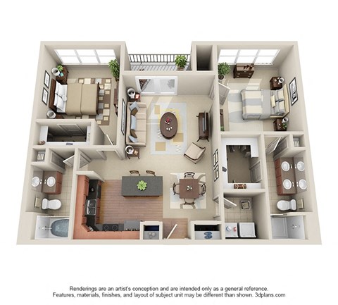 Floor plan for 2 beds, 2 baths, 1080 sqft