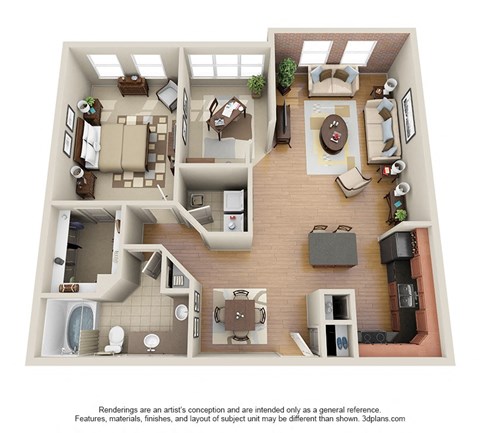 Floor plan for 1 bed, 1 bath, 1057 sqft