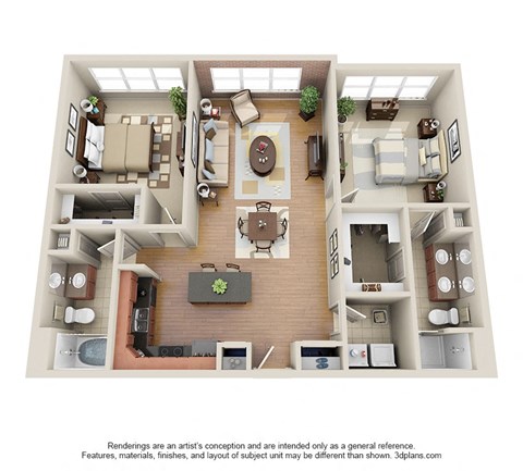Floor plan for 2 beds, 2 baths, 1177 sqft