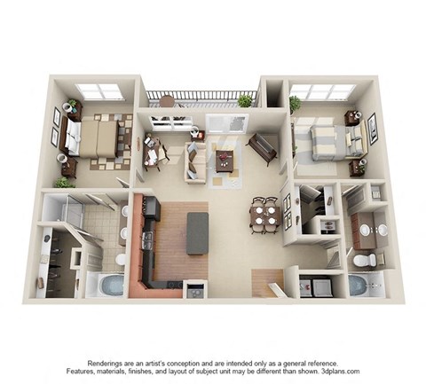 Floor plan for 2 beds, 2 baths, 1200 sqft
