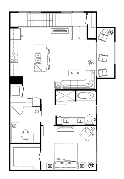 Floor plan for 1 bed, 1 bath, 1020 sqft