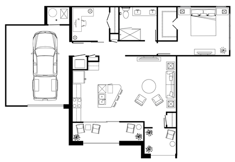 Floor plan for 1 bed, 1 bath, 967 sqft