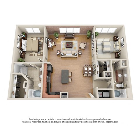 Floor plan for 2 beds, 2 baths, 1298 sqft