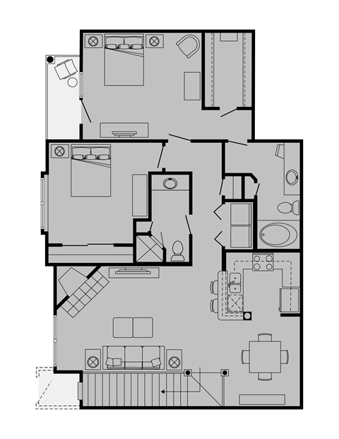 Floor plan for 2 beds, 2 baths, 1100 sqft