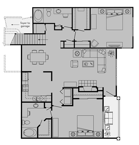 Floor plan for 2 beds, 2 baths, 1365 sqft