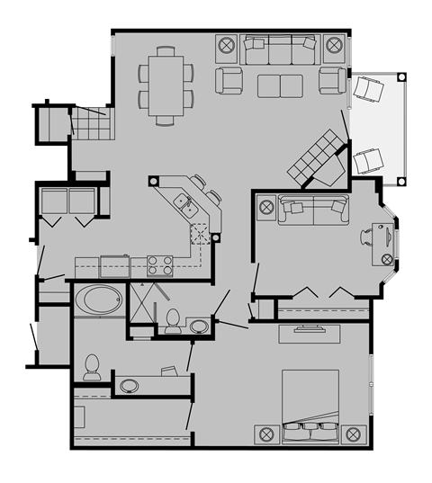 Floor plan for 1 bed, 2 baths, 1170 sqft