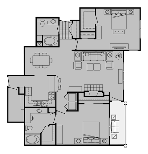Floor plan for 2 beds, 2 baths, 1345 sqft