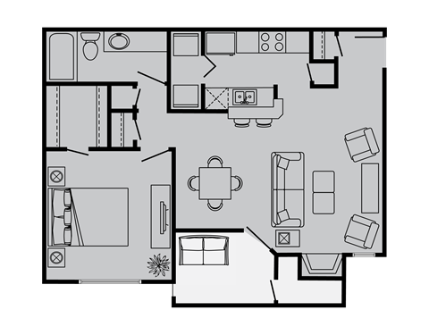 Floor plan for 1 bed, 1 bath, 722 sqft