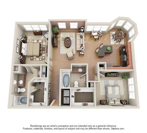 Floor plan for 2 beds, 2 baths, 1224 sqft