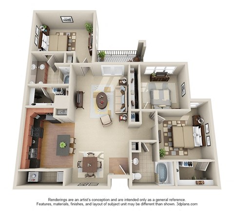 Floor plan for 3 beds, 2 baths, 1393 sqft