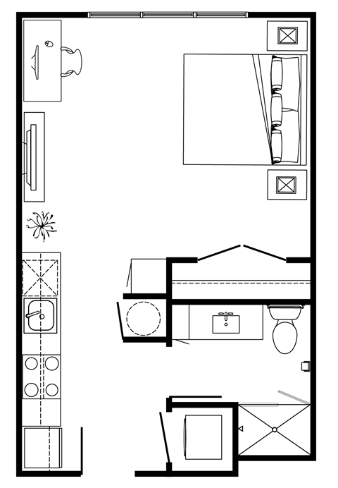 Floor plan for studio, 1 bath, 455 sqft