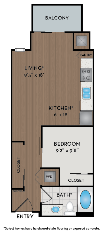 Floor plan for studio, 1 bath, 625 sqft