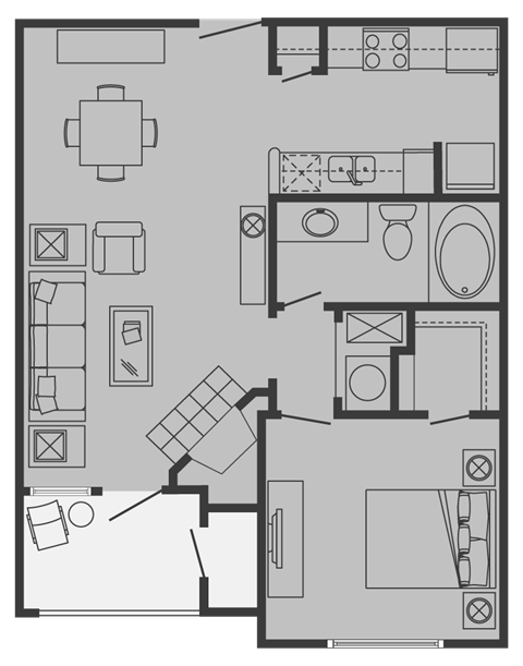 Floor plan for 1 bed, 1 bath, 620 sqft