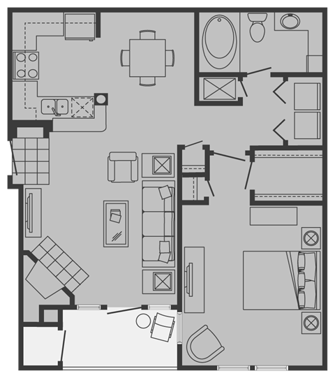 Floor plan for 1 bed, 1 bath, 716 sqft