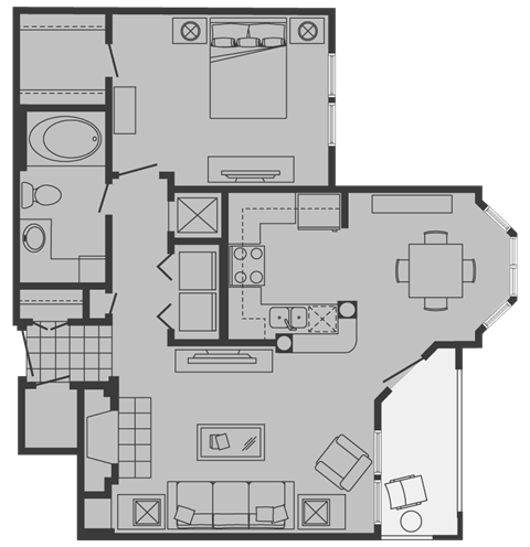 Floor plan for 1 bed, 1 bath, 722 sqft