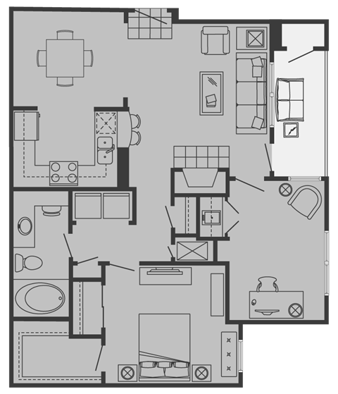 Floor plan for 1 bed, 1 bath, 832 sqft