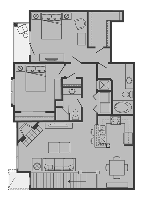 Floor plan for 2 beds, 2 baths, 1184 sqft