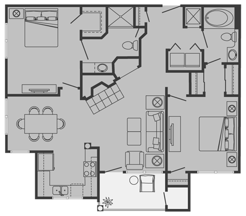 Floor plan for 2 beds, 2 baths, 1035 sqft
