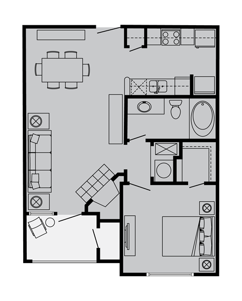 Floor plan for 1 bed, 1 bath, 620 sqft