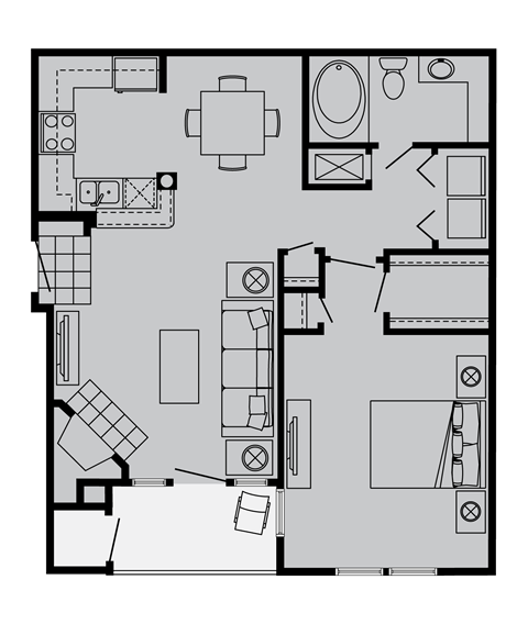 Floor plan for 1 bed, 1 bath, 716 sqft