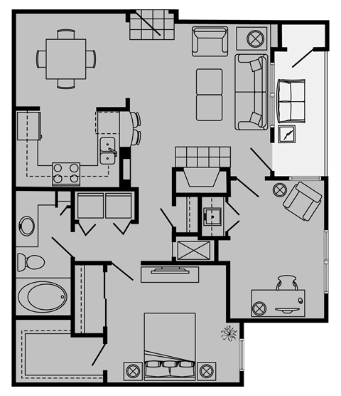Floor plan for 1 bed, 1 bath, 832 sqft