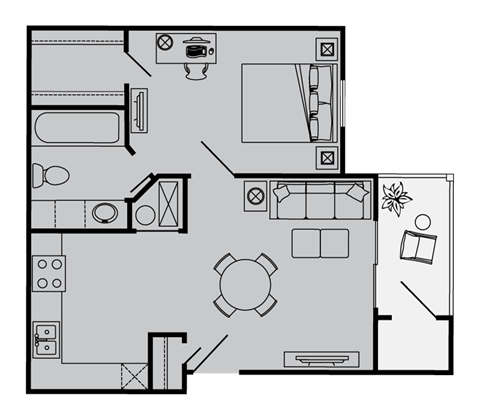 Floor plan for 1 bed, 1 bath, 541 sqft