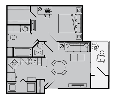 Floor plan for 1 bed, 1 bath, 507 sqft