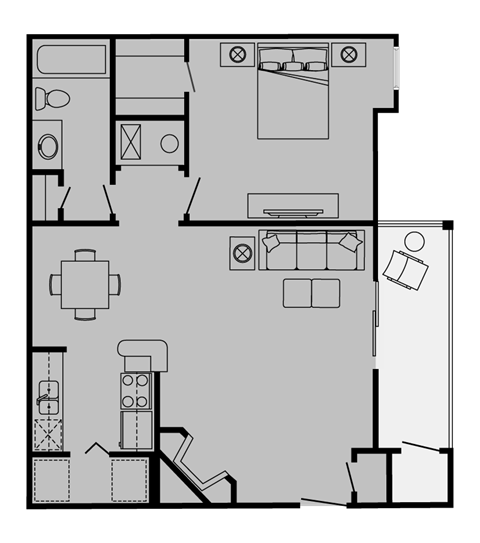 Floor plan for 1 bed, 1 bath, 725 sqft