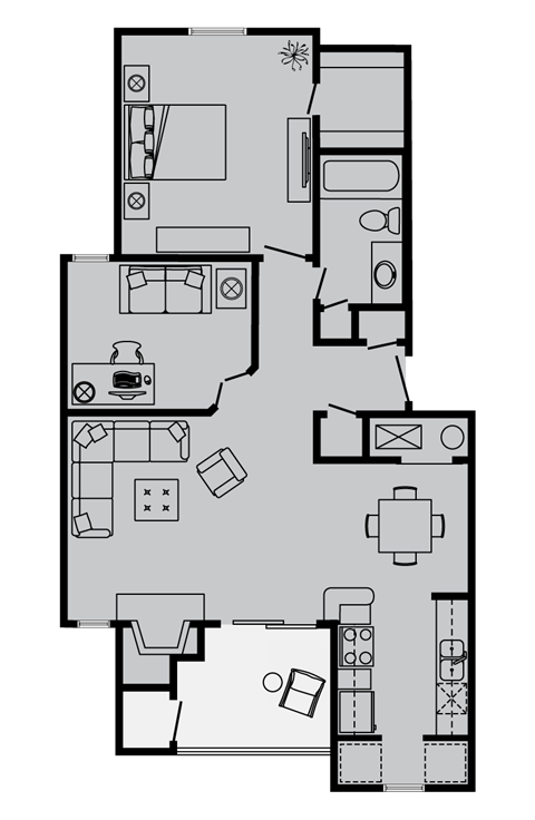 Floor plan for 1 bed, 1 bath, 867 sqft