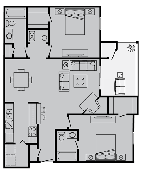 Floor plan for 2 beds, 2 baths, 1018 sqft