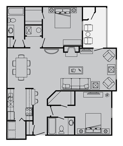 Floor plan for 2 beds, 2 baths, 1231 sqft