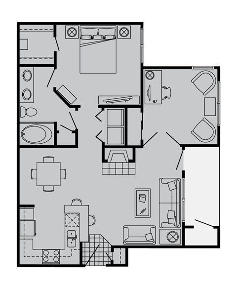 Floor plan for 1 bed, 1 bath, 880 sqft
