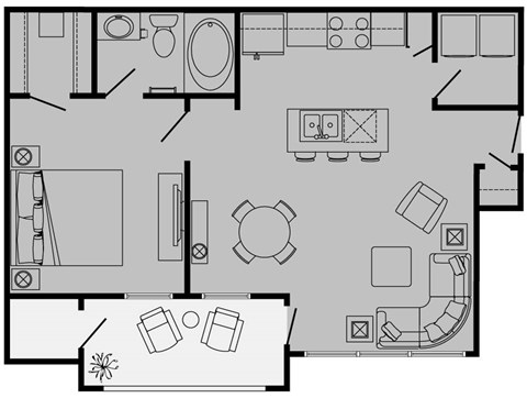 Floor plan for 1 bed, 1 bath, 665 sqft