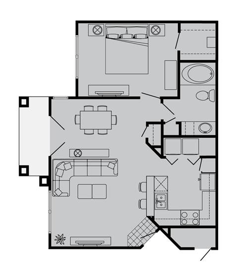 Floor plan for 1 bed, 1 bath, 748 sqft
